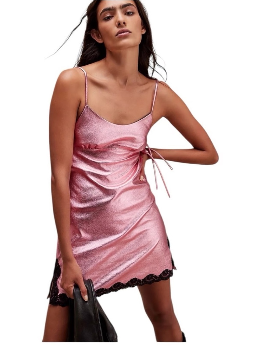 Anna Sui Metallic Pink Mini Slip Dress with Black Lace